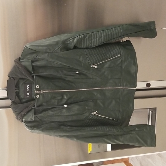 💕GUESS💕 Faux Leather Hooded Moto Jacket Zip Front Scuba ~ Hunter Green XL NWT - Picture 9 of 16